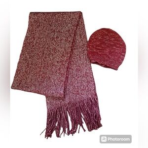 Sag Harbor NWOT Scarf and Beanie Burgundy and Silver Set